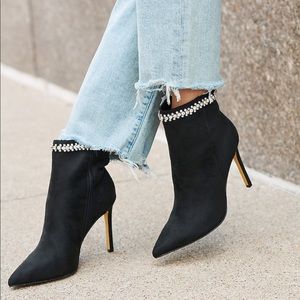 Rhinestone embellished thin heel booties!